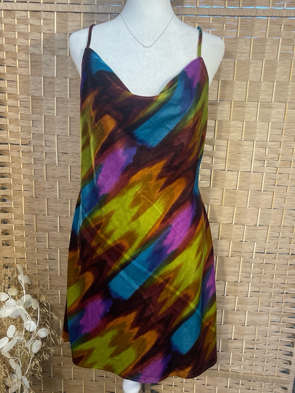 Urban Outfitters Multicolor Abstract Velvet Slip Dress — Teal, Purple, Lime